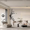 Modern Living Dining Room With Open Design Sofa Coffee Table Plants And Linear Lighting 3d model