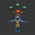 3D Cat Character With Blue Yellow Armor Red Helmet Green Eyes Juggling Floating Spheres