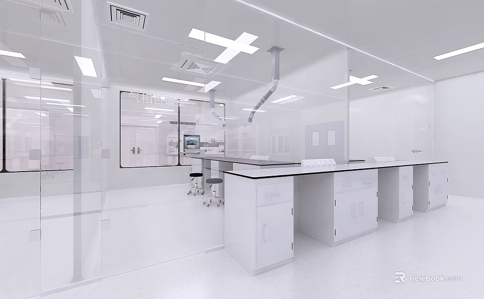 Modern White Cleanroom Laboratory Interior With Glass Partitions Fume Hood And Benches 3d model 