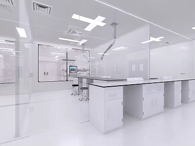 Modern White Cleanroom Laboratory Interior With Glass Partitions Fume Hood And Benches 3d model