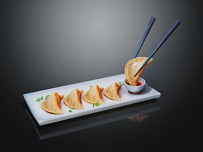Pan Fried Dumplings Served On White Rectangular Plate With Chopsticks Dipping Sauce And Green Onions 3d model