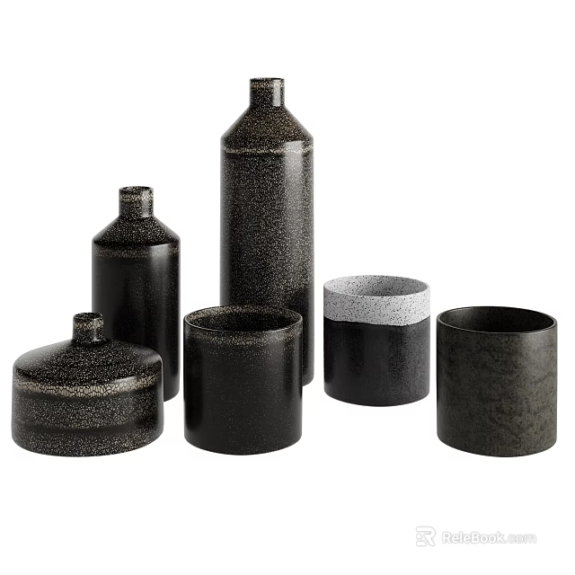 Modern Black Speckled Ceramic Vessels With Various Shapes Including Bottles Jars And Cups 3d model 