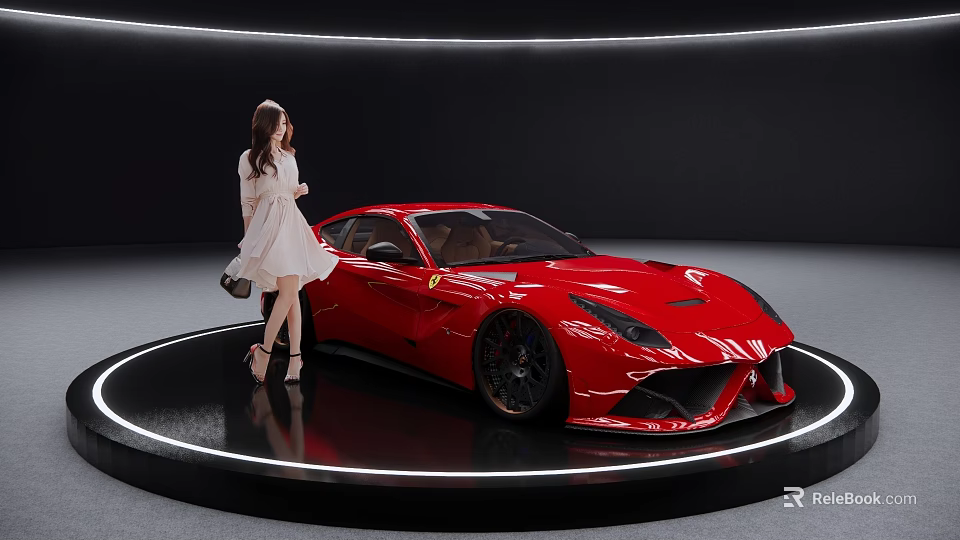 Elegant Red Sports Car On Circular Display Platform With Woman In White Dress 3d model 