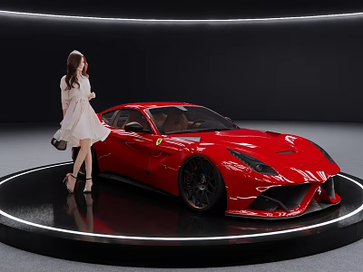 Elegant Red Sports Car On Circular Display Platform With Woman In White Dress 3d model