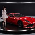 Elegant Red Sports Car On Circular Display Platform With Woman In White Dress