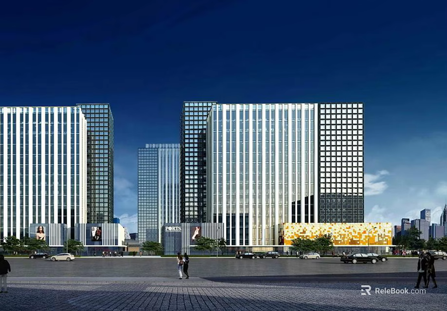 Modern Office Buildings With Glass Curtain Walls Plaza Pedestrians Vehicles Under Blue Sky 3d model 