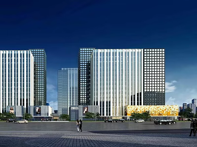 Modern Office Buildings With Glass Curtain Walls Plaza Pedestrians Vehicles Under Blue Sky 3d model