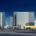 Modern Office Buildings With Glass Curtain Walls Plaza Pedestrians Vehicles Under Blue Sky