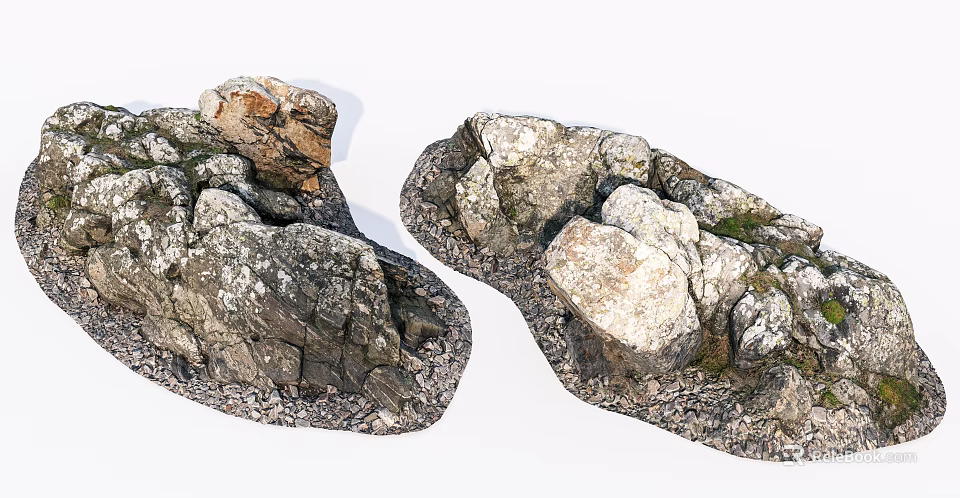Natural Stone And Wood Elements With Rough Textured Surfaces And Mossy Details 3d model 