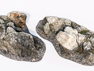 Natural Stone And Wood Elements With Rough Textured Surfaces And Mossy Details 3d model