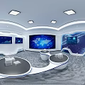 Modern Tech Exhibition Hall With Large World Map Digital Screen Multiple Monitors And Round Podiums 3d model