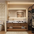 Elegant Modern Bathroom Vanity With Marble Countertop Mirror Pendant Lights And Towels