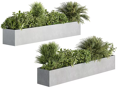 Rectangular Concrete Planters With Mixed Green Potted Plants For Indoor Outdoor Decoration 3d model