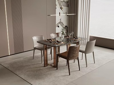 Modern Dining Table Set Interior With Glass Top Mixed Color Chairs And Pendant Light 3d model