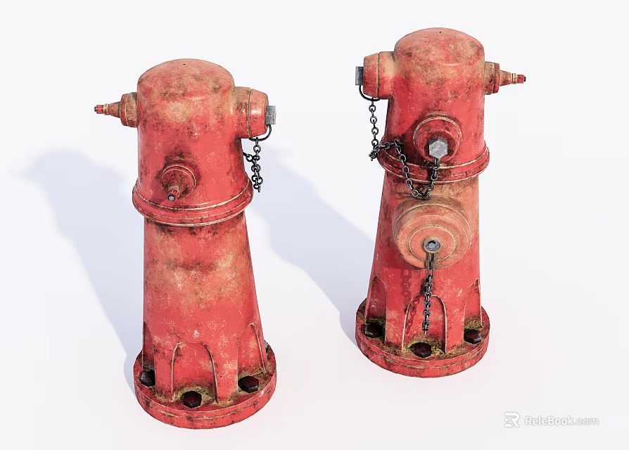 Two Rusty Red Fire Hydrants With Metal Chains And Weathered Surfaces 3d model 