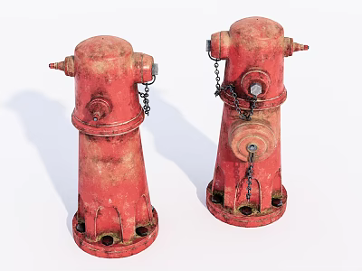 Two Rusty Red Fire Hydrants With Metal Chains And Weathered Surfaces 3d model