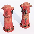 Two Rusty Red Fire Hydrants With Metal Chains And Weathered Surfaces