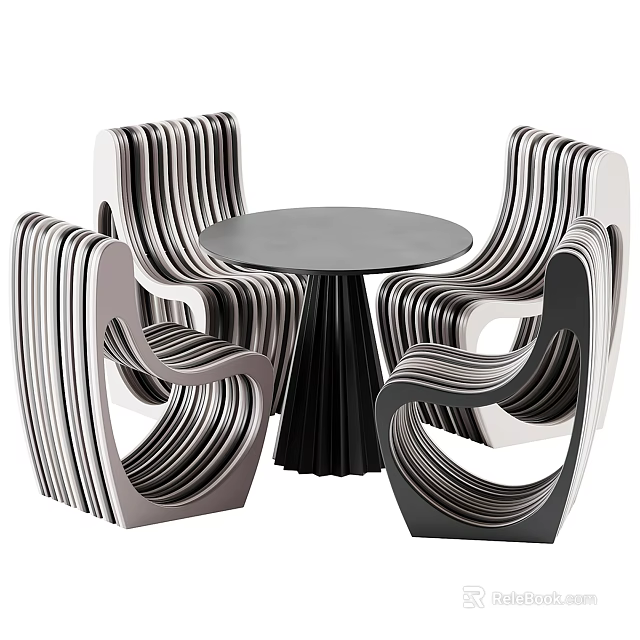 Modern Round Dining Table Set With Pleated Leg And Curved Striped Black White Chairs 3d model 