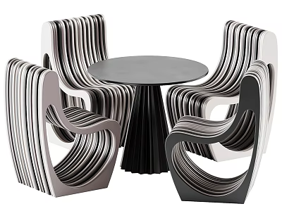 Modern Round Dining Table Set With Pleated Leg And Curved Striped Black White Chairs 3d model
