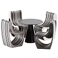 Modern Round Dining Table Set With Pleated Leg And Curved Striped Black White Chairs