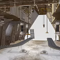 Automotive Workshop Interior With Metal Structures Chains Hoists And Symmetrical Lighting Tracks
