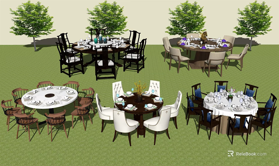 Outdoor Dining Table Sets on Green Grass with Trees Various Colored Chairs Tableware and Decorations 3d model