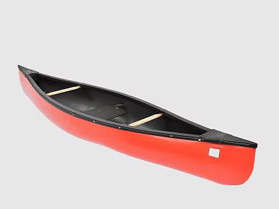 Red Canoe With Wooden Seats And Black Trim For Water Activities 3d model
