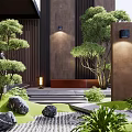 Serene Karesansui Garden With Thatched Pavilion Hanging Lanterns Zen Wall And Stone Pathway