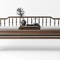 Traditional Chinese Wooden Arhat Bed With Cushioned Seats Side Table And Vase Decoration