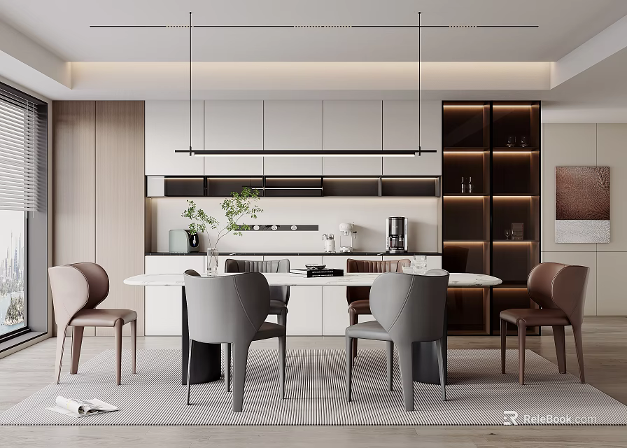 Modern Restaurant Interior With Round Dining Table Gray Chairs Pendant Lights And Green Plants 3d model 