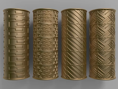 Ornate Golden Decorative Columns with Various Geometric Patterns and Textured Designs 3d model