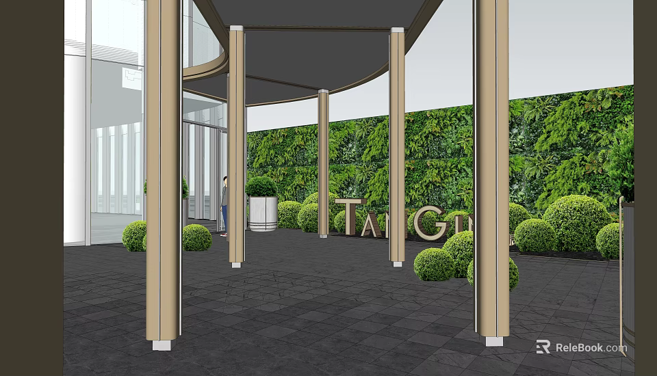 Golden Column Pergola With Green Plant Wall And TAI GARDEN Sign In Outdoor Area 3d model 