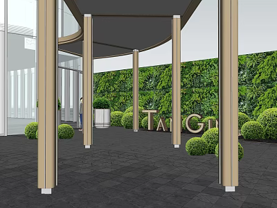Golden Column Pergola With Green Plant Wall And TAI GARDEN Sign In Outdoor Area 3d model
