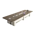 Long Dark Wooden Conference Table with White Legs and Tablets Documents on Surface 3d model