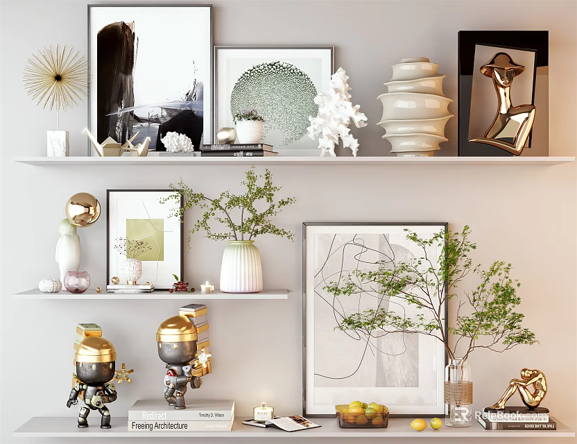 Stylish Decorative Ornament Combinations on Shelves with Framed Artworks Sculptures Green Plants and Vases 3d model 