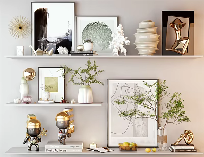 Stylish Decorative Ornament Combinations on Shelves with Framed Artworks Sculptures Green Plants and Vases 3d model