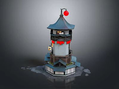 Traditional Multi Layered Tower Architecture With Blue Roof And Red Lantern Decorations 3d model