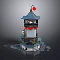 Traditional Multi Layered Tower Architecture With Blue Roof And Red Lantern Decorations