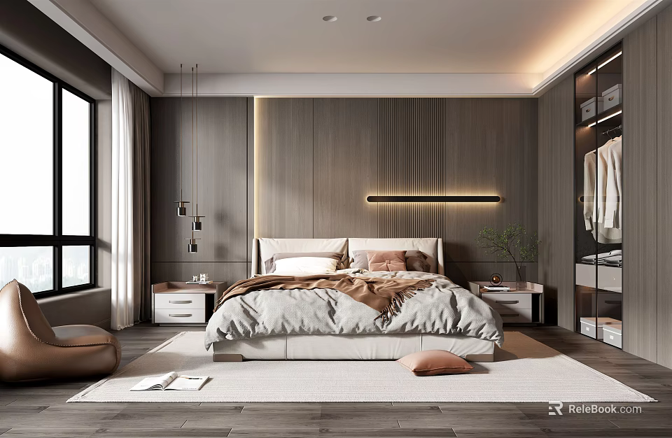 Modern Bedroom Interior Design With Wooden Panel Wall Bed LED Strip Light And Large Window 3d model 