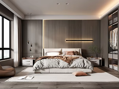 Modern Bedroom Interior Design With Wooden Panel Wall Bed LED Strip Light And Large Window 3d model