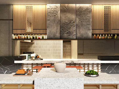 Modern Restaurant Interior Design With Marble Countertop Wooden Decor And Bar Area 3d model