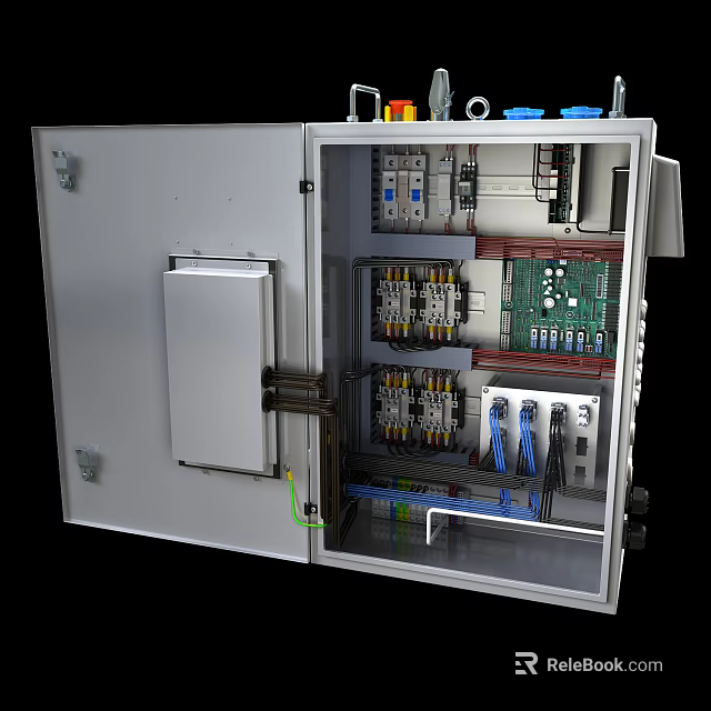Electrical Control Cabinet Interior With Circuit Breakers Wiring And Components 3d model