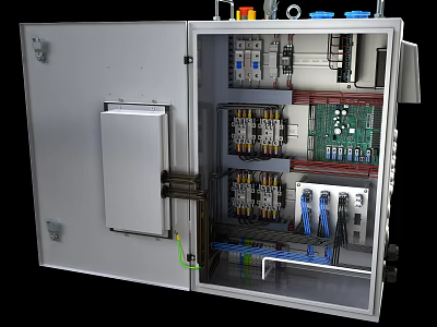 Electrical Control Cabinet Interior With Circuit Breakers Wiring And Components 3d model