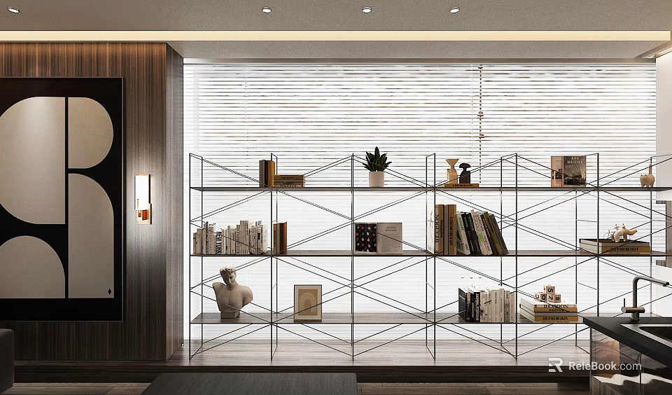 Elegant Modern Living Room Interior With Metal Frame Bookshelves And Decorative Plants 3d model 