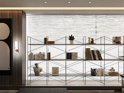Elegant Modern Living Room Interior With Metal Frame Bookshelves And Decorative Plants 3d model