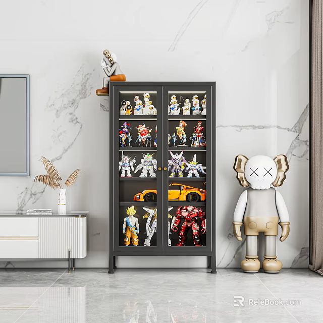 Modern TV Cabinet Displaying Action Figures Models With Decorative Figurine And Marble Wall 3d model 