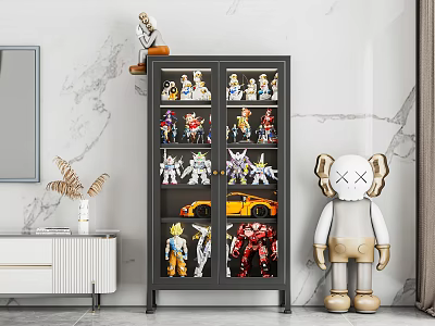 Modern TV Cabinet Displaying Action Figures Models With Decorative Figurine And Marble Wall 3d model