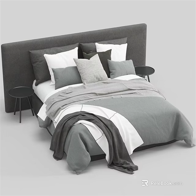 Double Bed With Dark Gray Headboard Multiple Pillows And Black Nightstands 3d model
