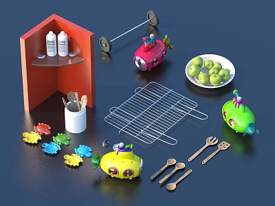 Household Items With Corner Shelf Bottles Toys Fruit Plate And Wooden Utensils 3d model