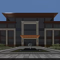 Modern Office Building With Glass Facade Stone Exterior And Central Fountain